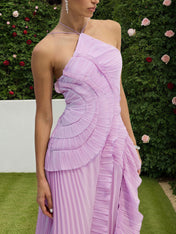 Purple Asymmetrical Pleated Halter Neck Midi Dress