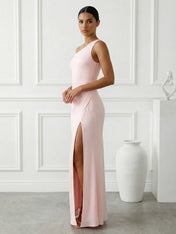 Pink One Shoulder Mermaid Maxi Dresses with Slit