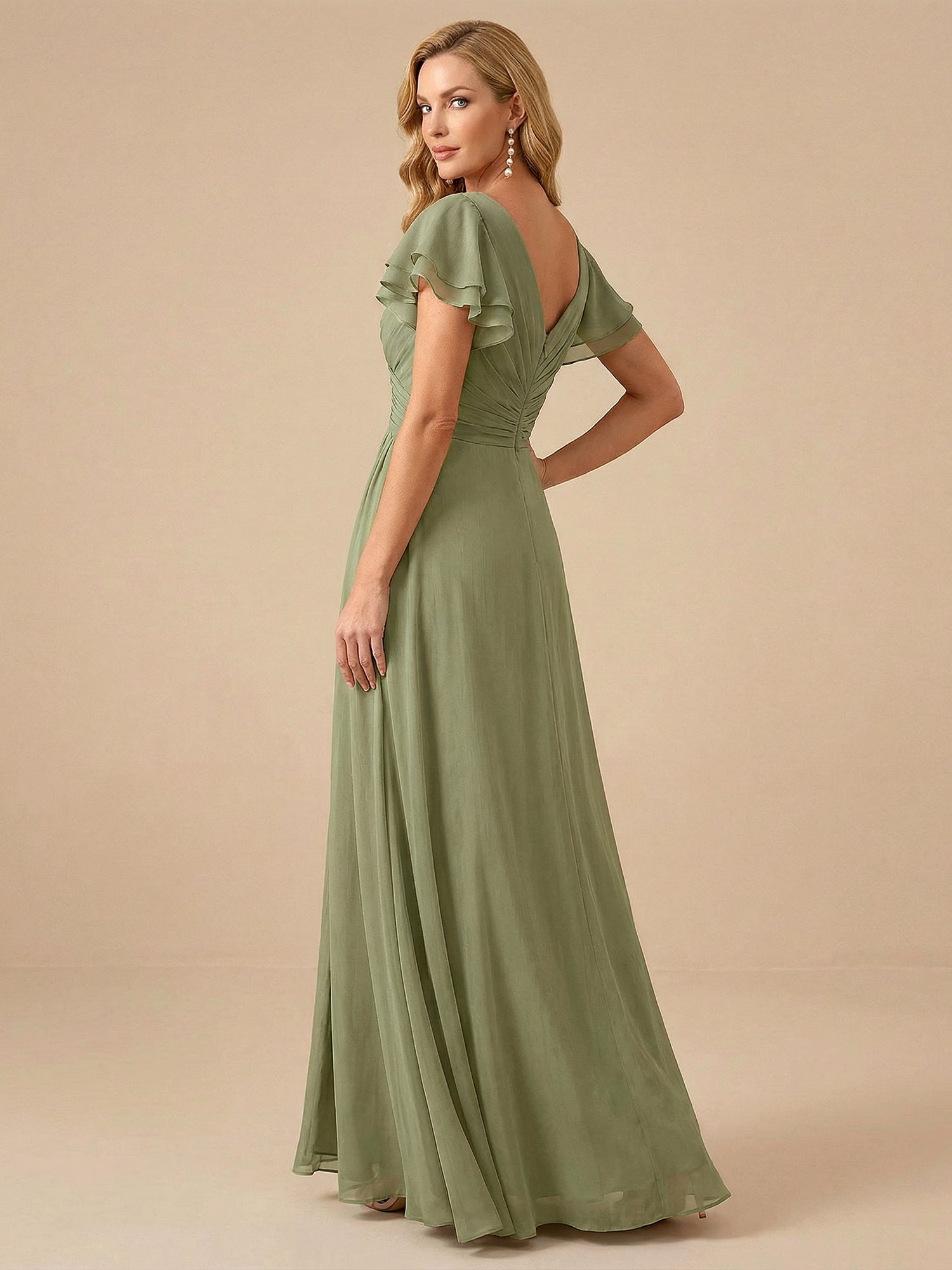 Sage Green V-Neck High-Slit Pleated Chiffon Dress