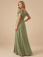 Sage Green V-Neck High-Slit Pleated Chiffon Dress