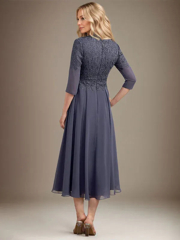 Robe de mère de la mariée trapèze, col en V, longueur genou, en mousseline de soie et dentelle, avec perles 