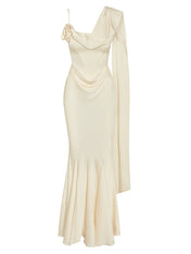 Ivory Satin Asymmetrical Neck Sleeveless Floor Length Dress With 3D Flower
