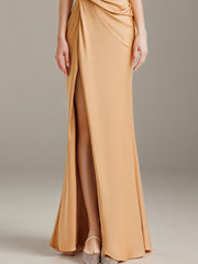 Champagne Satin One Shoulder Sleeveless Asymmetrical Length Dress with High Slit
