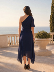 One-Shoulder Asymmetrical Chiffon Handkerchief Midi Dress with Flutter Sleeve