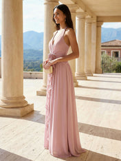 Dusty Pink Halter V-Neck Maxi Dress with 3D Flower Ruffle Chiffon Gown