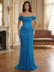 Red Off-The-Shoulder Sequined Corset Mermaid Long Prom Dress