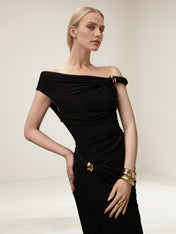 Black Jersey Metal Button Off-Shoulder Midi Dress