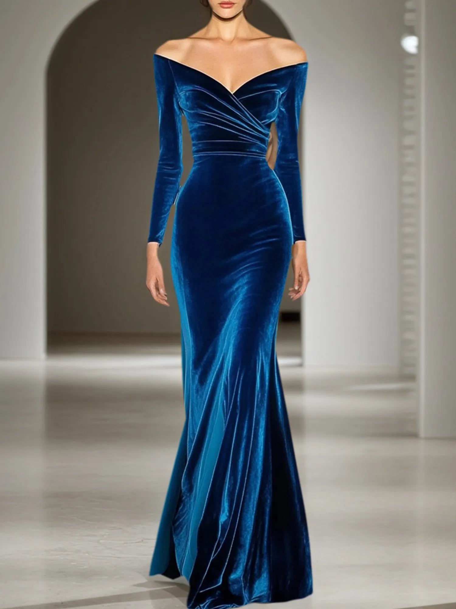 Dreamylily Women Formal Evening Dress Blue Velvet Off The Shoulder Long