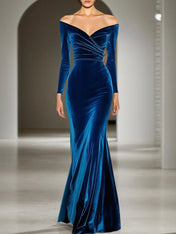 Formal Evening Dress Blue Velvet Off The Shoulder Long Sleeve Maxi Dress
