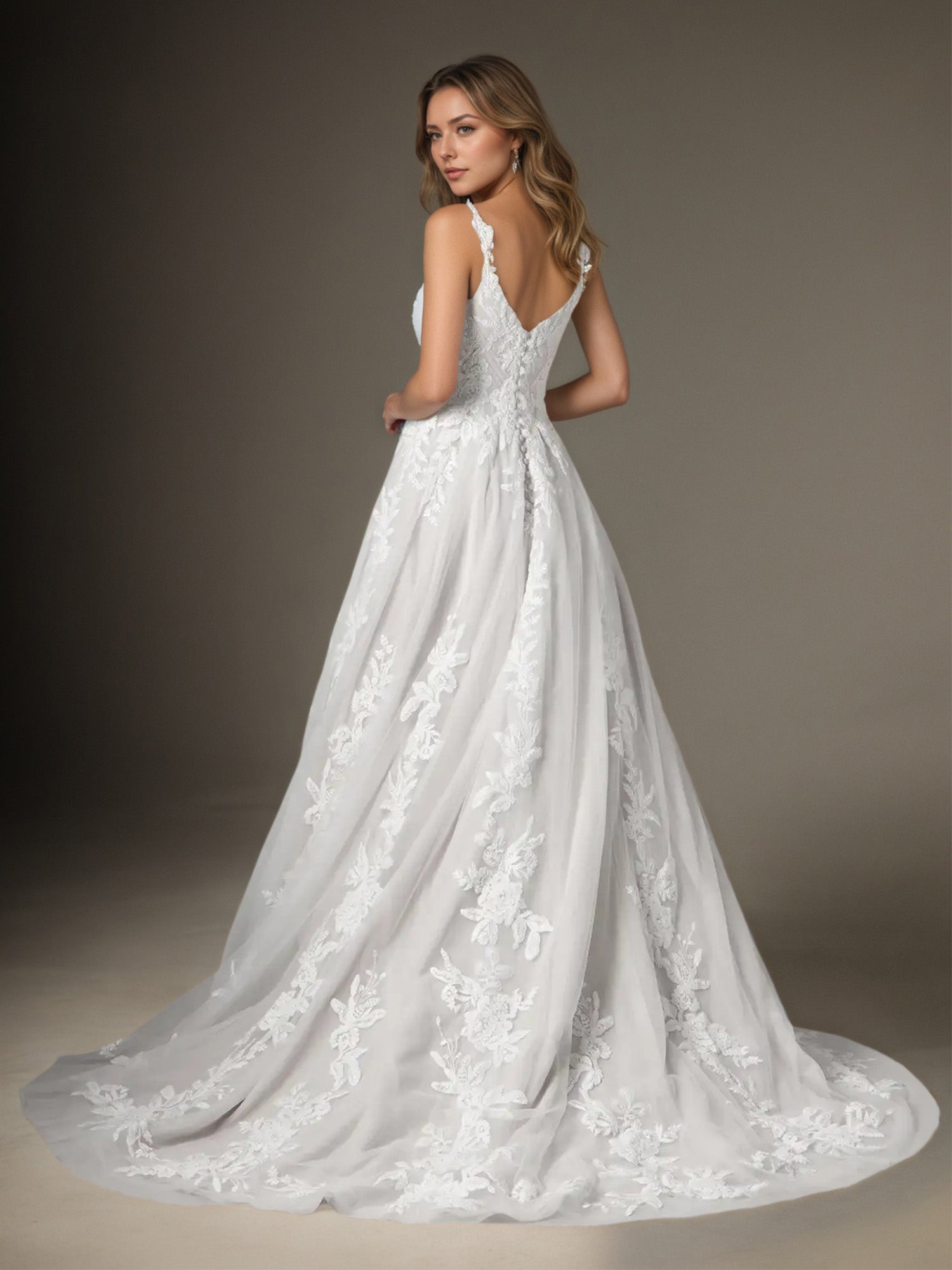 White A-Line V-Neck Sequins Tulle Wedding Dress