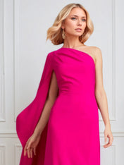 Hot Pink Stretch Crepe One Shoulder Ruched Floor-Length Evening Dress