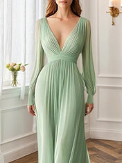 Formal Evening V-Neck Dress Green Long Sleeve Maxi Dress