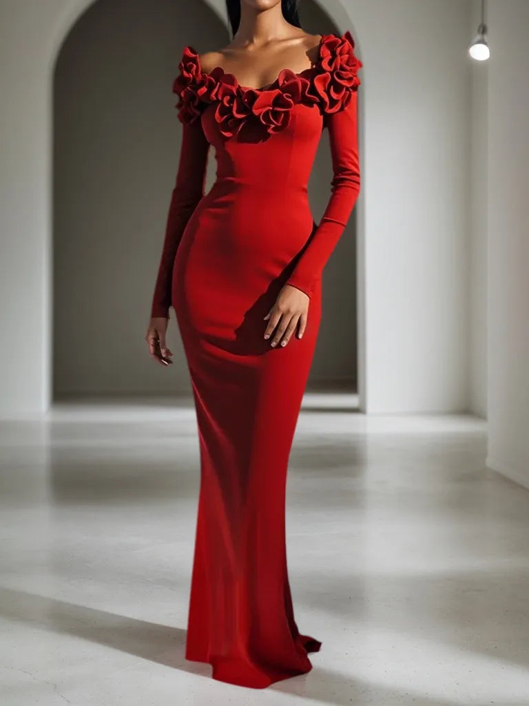 Red 3D Floral Long Sleeve Sheath Maxi Dress