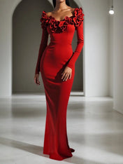 Red 3D Floral Long Sleeve Sheath Maxi Dress