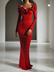 Red 3D Floral Long Sleeve Sheath Maxi Dress