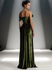 Off-Shoulder Bowknot Detail Velvet Maxi Gown Formal Evening Dress
