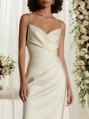 Beige Ruched Satin Spaghetti Gallus A-Line Gown Bridal/Wedding Dress