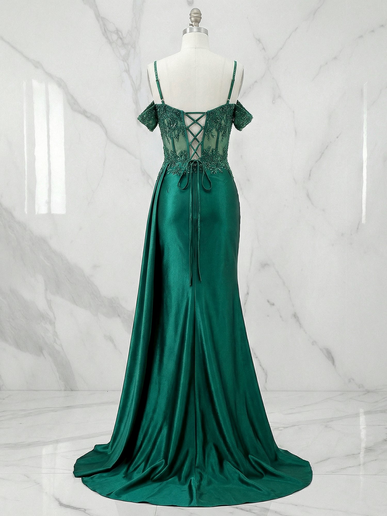 Emerald Green Beaded Corset Satin Long Prom Dress