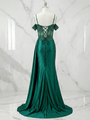 Emerald Green Beaded Corset Satin Long Prom Dress
