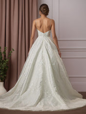 White V-Neck Ball-Gown with Pockets Floral Jacquard Wedding Dress