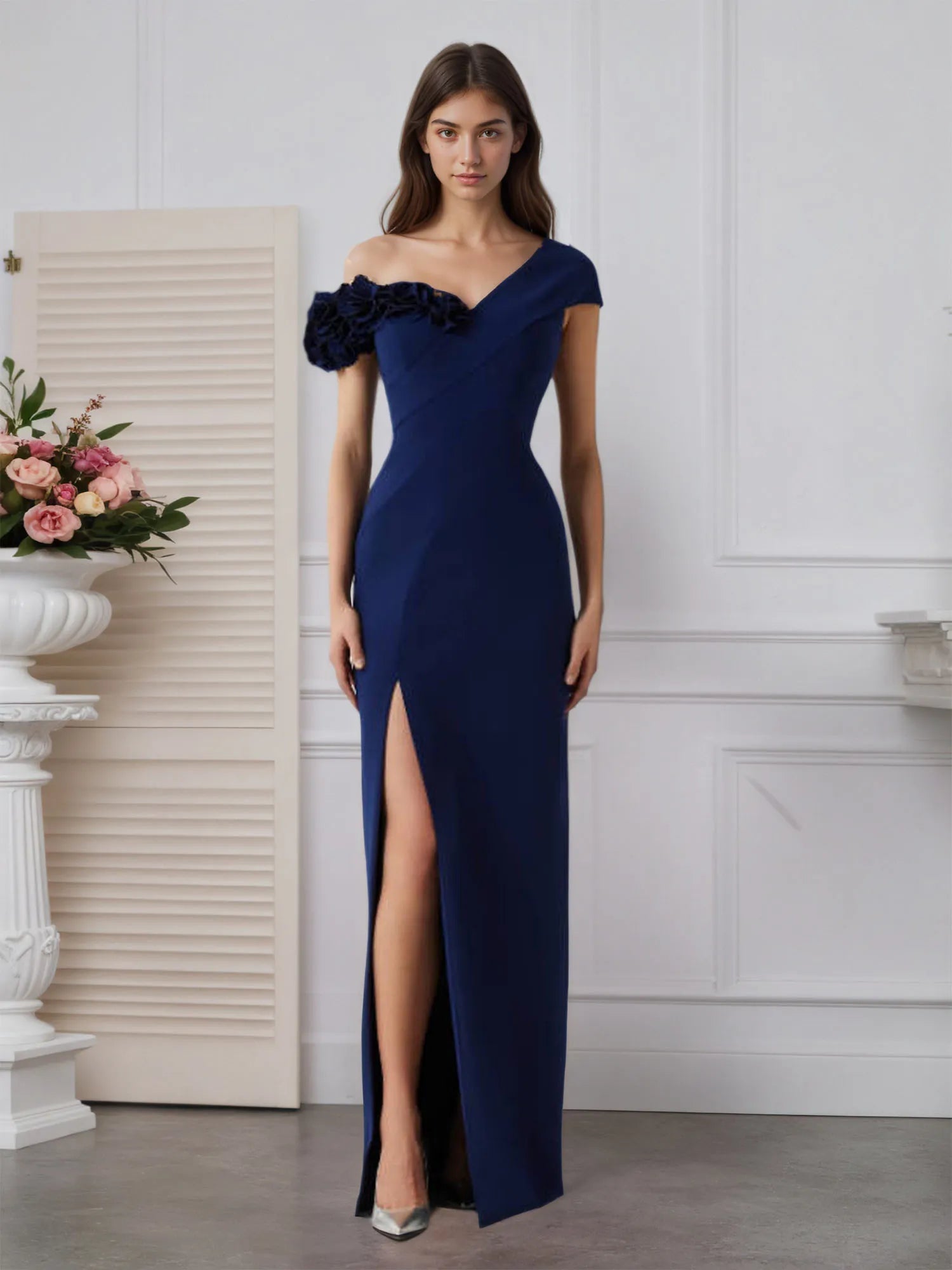 Stretch Crepe One Shoulder 3D Floral Floor-Length Evening Dress