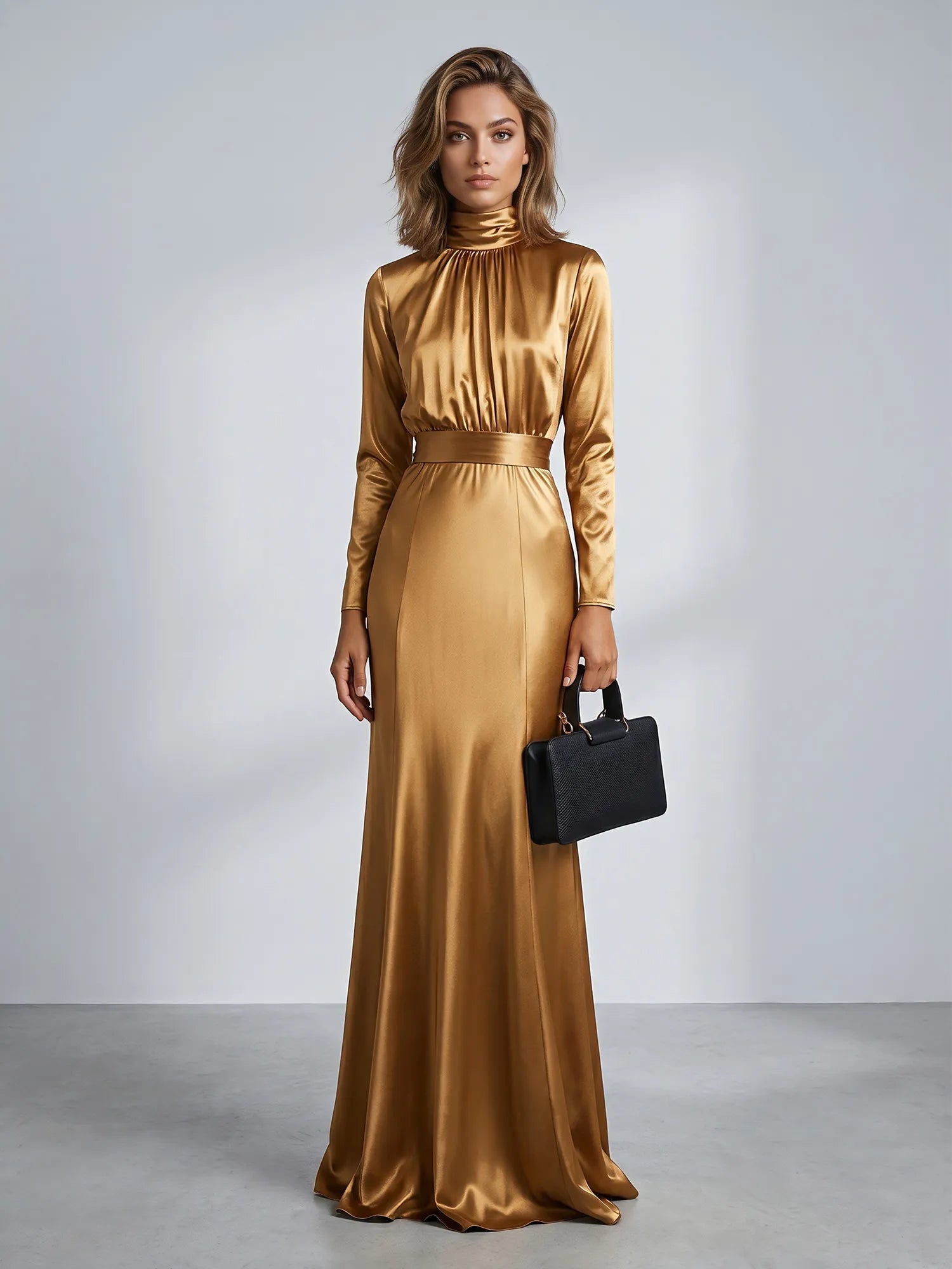 High Neck Long Sleeve Pleated Satin Mermaid Evening Gown with Belted Waist