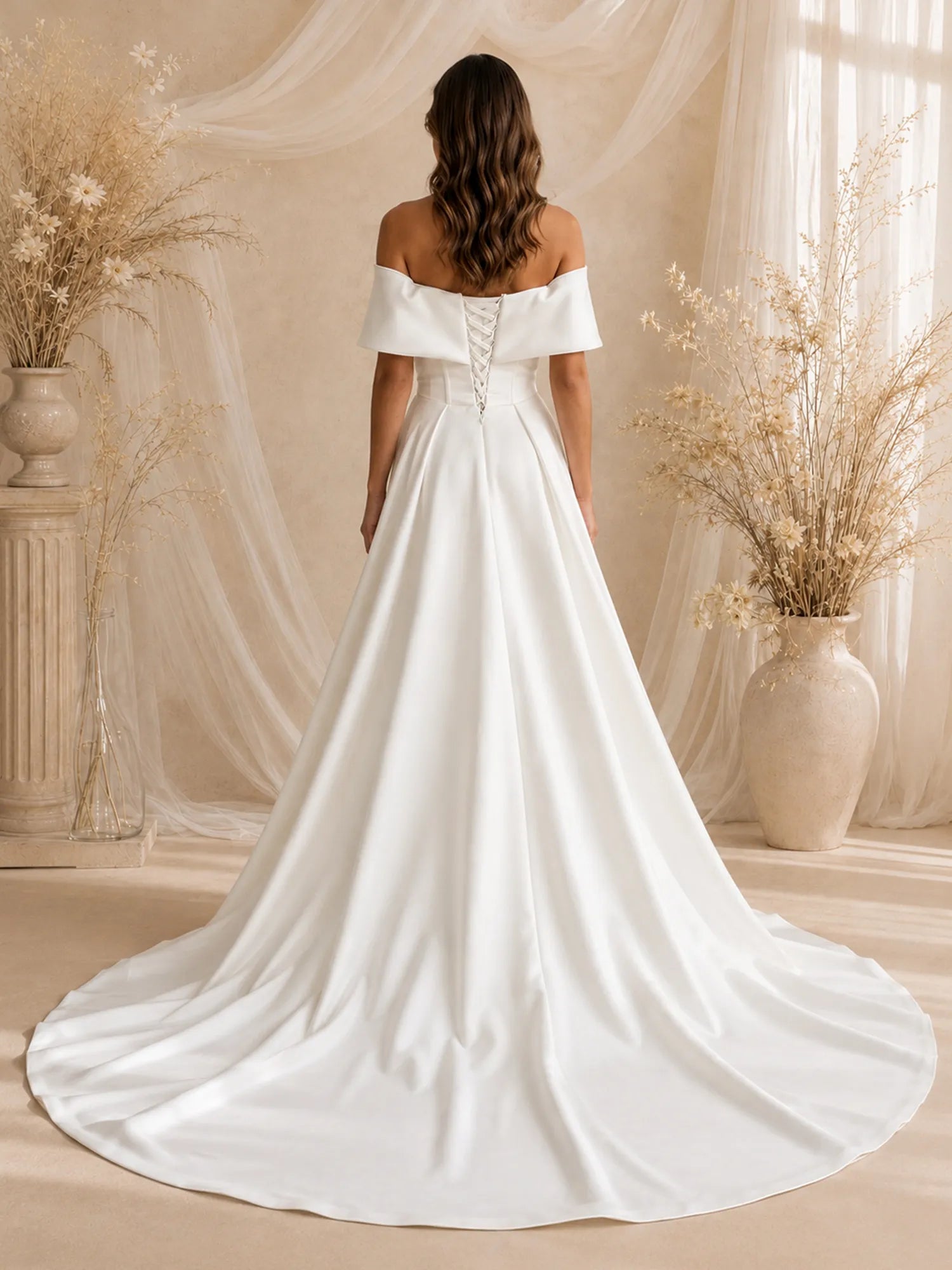 Elegant Off-The-Shoulder Draped Satin Mermaid Wedding Dress with Detachable Overskirt and Chapel Train