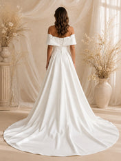 Elegant Off-The-Shoulder Draped Satin Mermaid Wedding Dress with Detachable Overskirt and Chapel Train