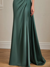 Formal Dress Green One Shoulder Rhinestone Waist Belt Floor Length Dress