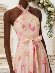 Pink Floral Chiffon Halter Sleeveless A-Line Maxi Dress
