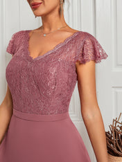 Watermelon Red Lace V Neck Short Sleeve A-Line Maxi Dress