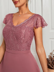 Watermelon Red Lace V Neck Short Sleeve A-Line Maxi Dress