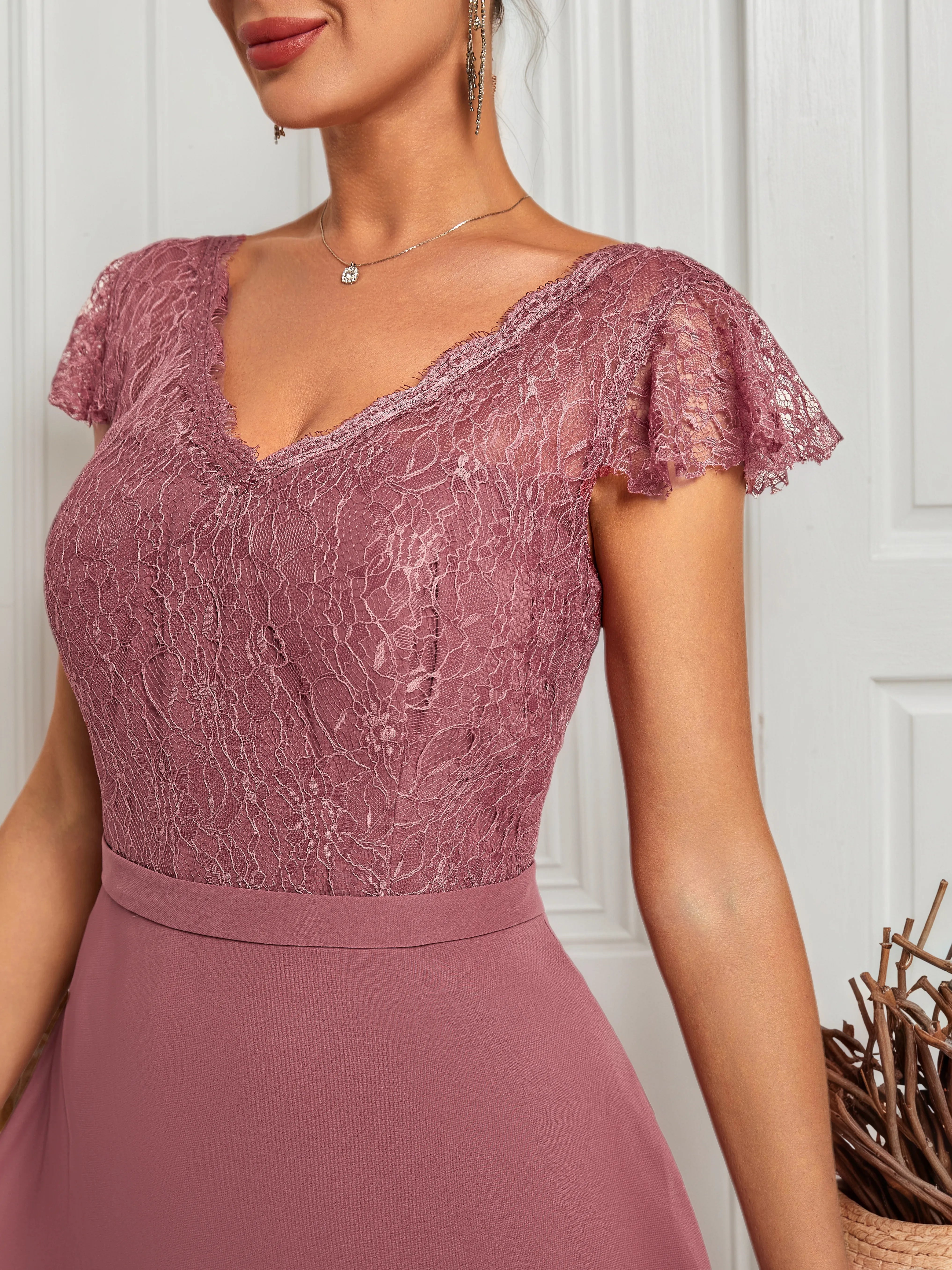 Watermelon Red Lace V Neck Short Sleeve A-Line Maxi Dress