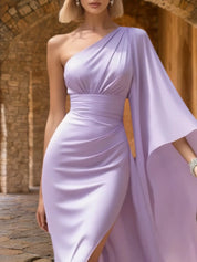 Formal Evening Dress Purple One Shoulder Flowing Maxi Gown
