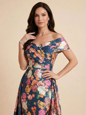 Off the Shoulder Print Floral Satin Mother of the Brides dress with Slit