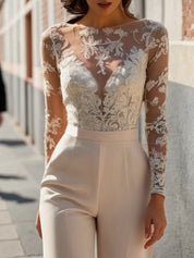 Women Apricot Lace Boat Neck Long Sleeve Regular Sleeve Dressy Jumpsuit
