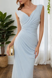 Semi-Formal Party Dress Light Blue Chiffon Cross-Over Sleeveless Midi Dress