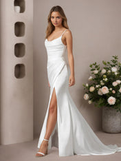 White Mermaid V-Neck Stretch Satin Wedding Dress