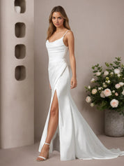 White Mermaid V-Neck Stretch Satin Wedding Dress