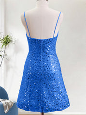 Sparkly Royal Blue Spaghetti Straps Corset Tight Short Homecoming Dress with Sequins