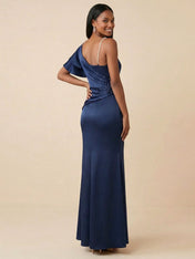 Navy Blue One Shoulder Pleated Maxi Gown with High Slit