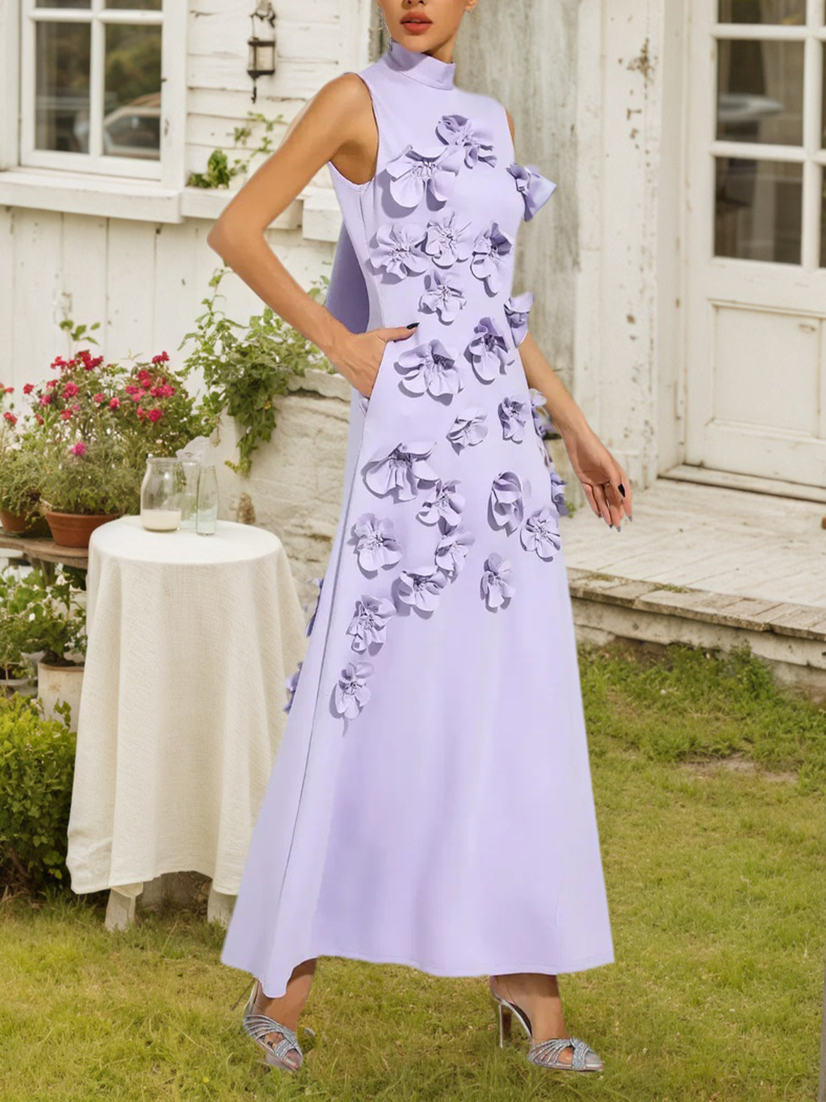 Onions Purple Rose Flower Maxi Dress