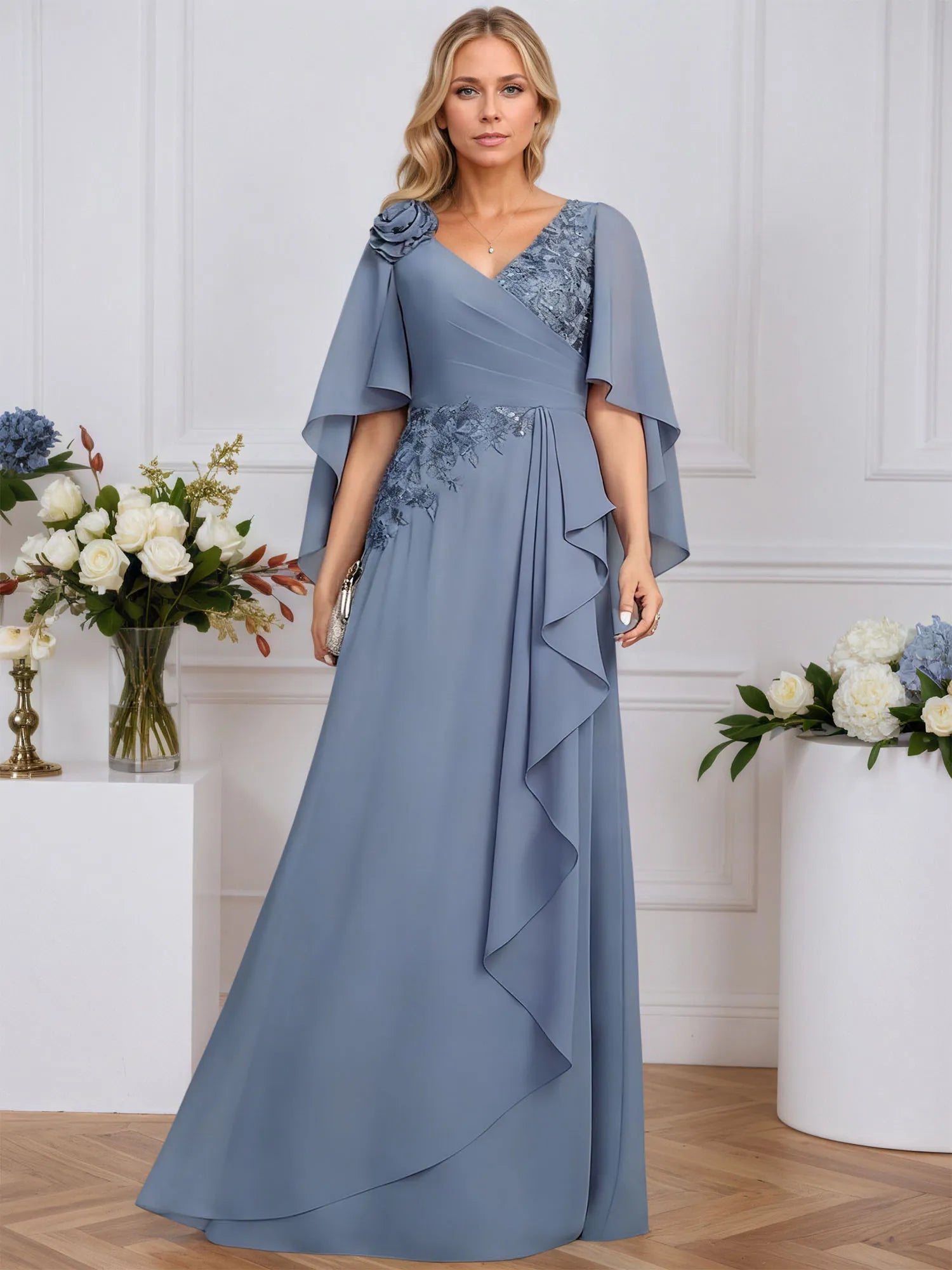 A-line V-Neck Floor-Length Lace Chiffon Mother of the Bride Dress With 3D Floral Sequins Cascading Ruffles