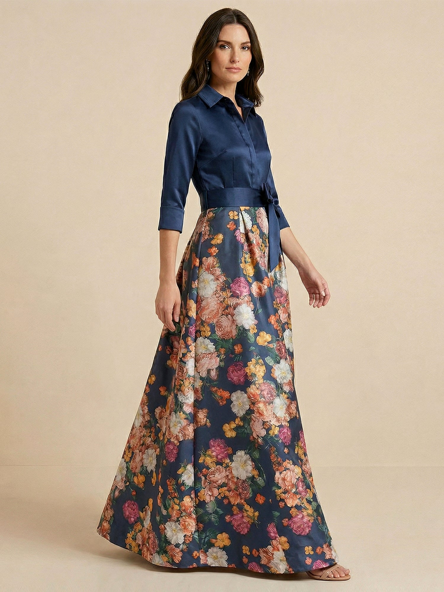 Navy Blue Shirt Collar Satin Top Floral Maxi Dress with Bow Waist