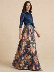 Navy Blue Shirt Collar Satin Top Floral Maxi Dress with Bow Waist
