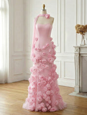 Pink Strapless 3D Rosette Long Prom Dress with Slit