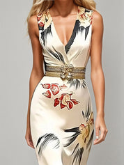White Floral Satin V Neck Sleeveless A-Line Maxi Dress