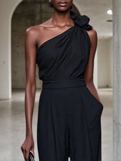 Black 3D Floral One Shoulder H-Line Jumpsuit