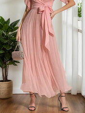 Pink Ruched Bow Chiffon V Neck Short Sleeve Sheath Maxi Dress