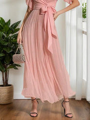 Pink Ruched Bow Chiffon V Neck Short Sleeve Sheath Maxi Dress